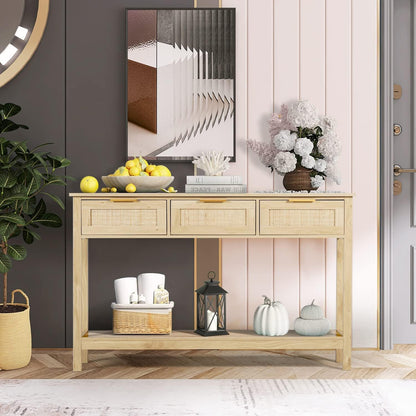51" Table, Oak Grain Sofa Table with Wood Frame, Rustic Hallway Table with 3 Bamboo Weaving Storage Drawers and Shelf-Toppalletfly