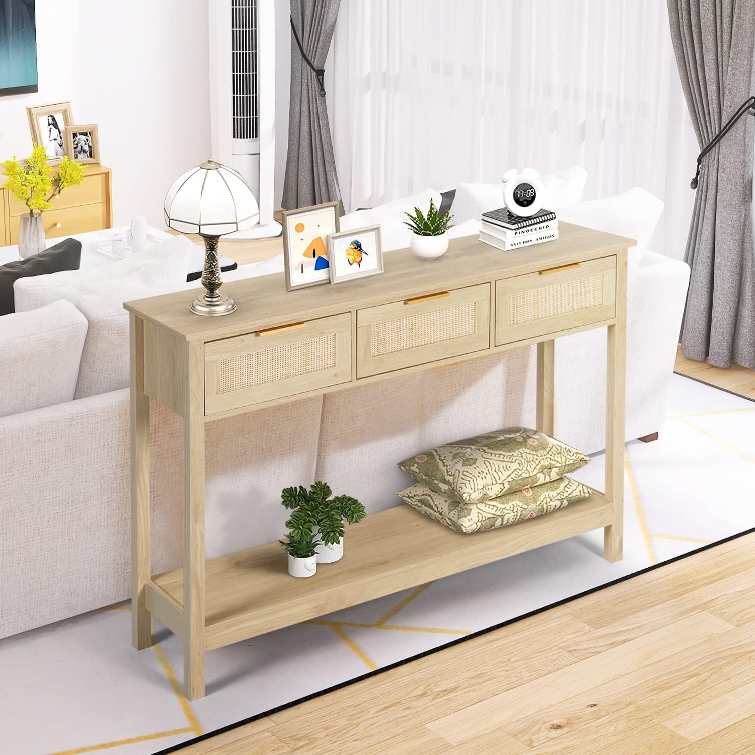 51" Table, Oak Grain Sofa Table with Wood Frame, Rustic Hallway Table with 3 Bamboo Weaving Storage Drawers and Shelf-Toppalletfly