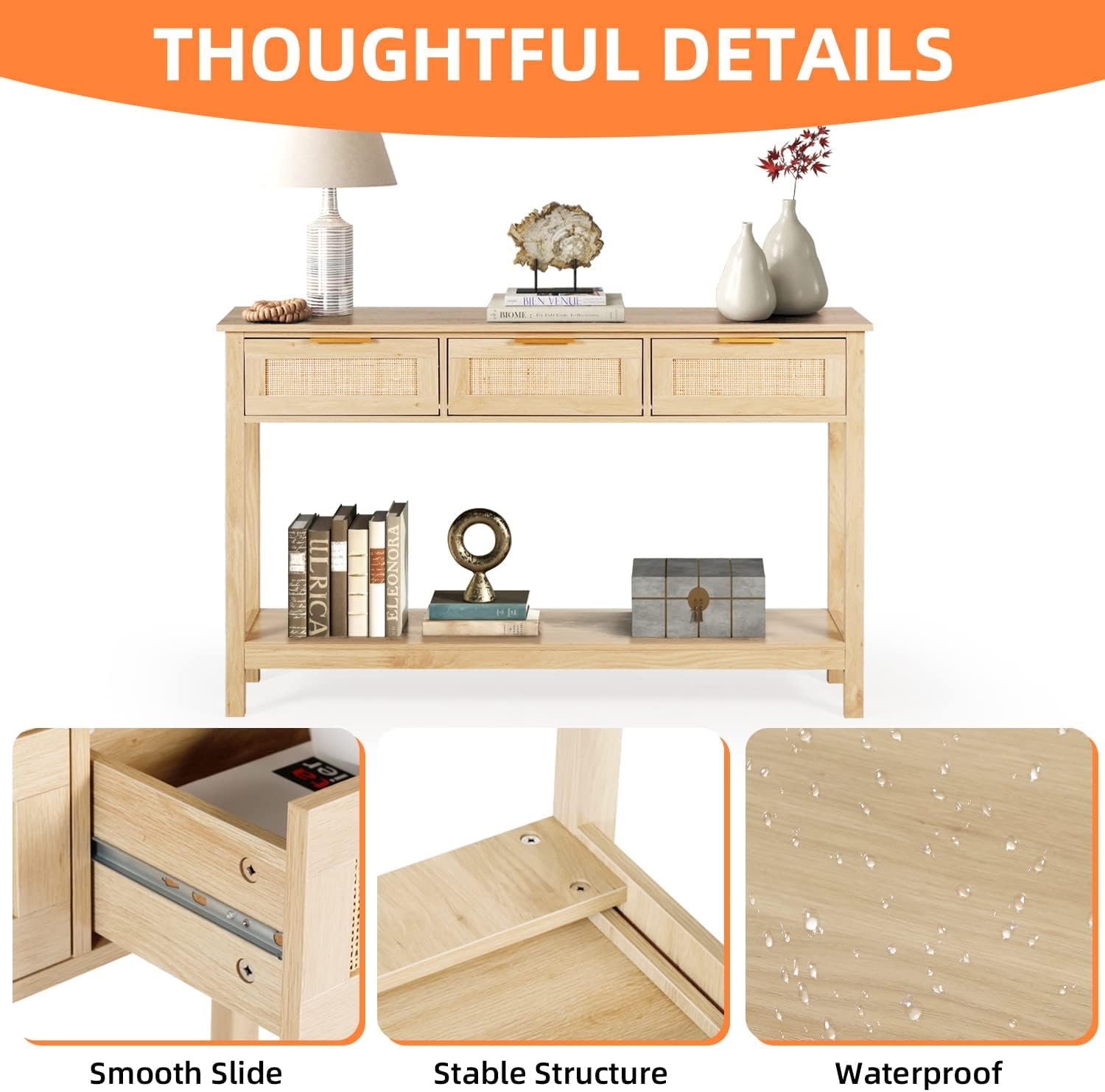 51" Table, Oak Grain Sofa Table with Wood Frame, Rustic Hallway Table with 3 Bamboo Weaving Storage Drawers and Shelf-Toppalletfly