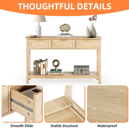51" Table, Oak Grain Sofa Table with Wood Frame, Rustic Hallway Table with 3 Bamboo Weaving Storage Drawers and Shelf-Toppalletfly