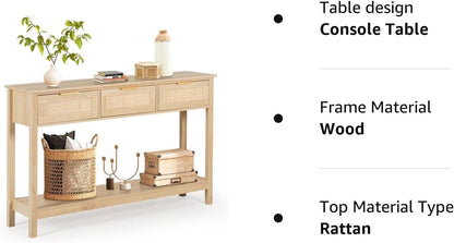 51" Table, Oak Grain Sofa Table with Wood Frame, Rustic Hallway Table with 3 Bamboo Weaving Storage Drawers and Shelf-Toppalletfly