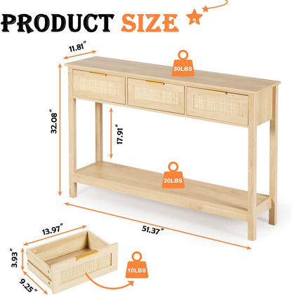 51" Table, Oak Grain Sofa Table with Wood Frame, Rustic Hallway Table with 3 Bamboo Weaving Storage Drawers and Shelf-Toppalletfly