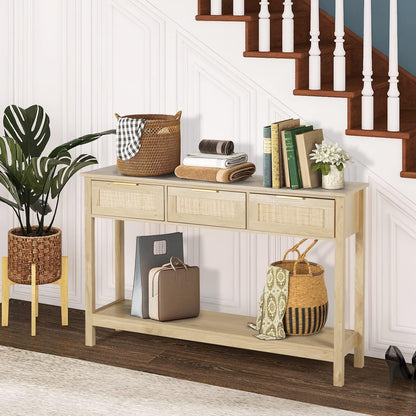 51" Table, Oak Grain Sofa Table with Wood Frame, Rustic Hallway Table with 3 Bamboo Weaving Storage Drawers and Shelf-Toppalletfly