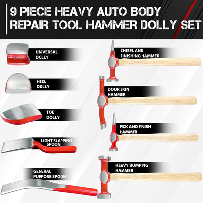 9-Piece Heavy-Duty Auto Body Repair Hammer & Dolly Set with Carrying Case-Toppalletfly