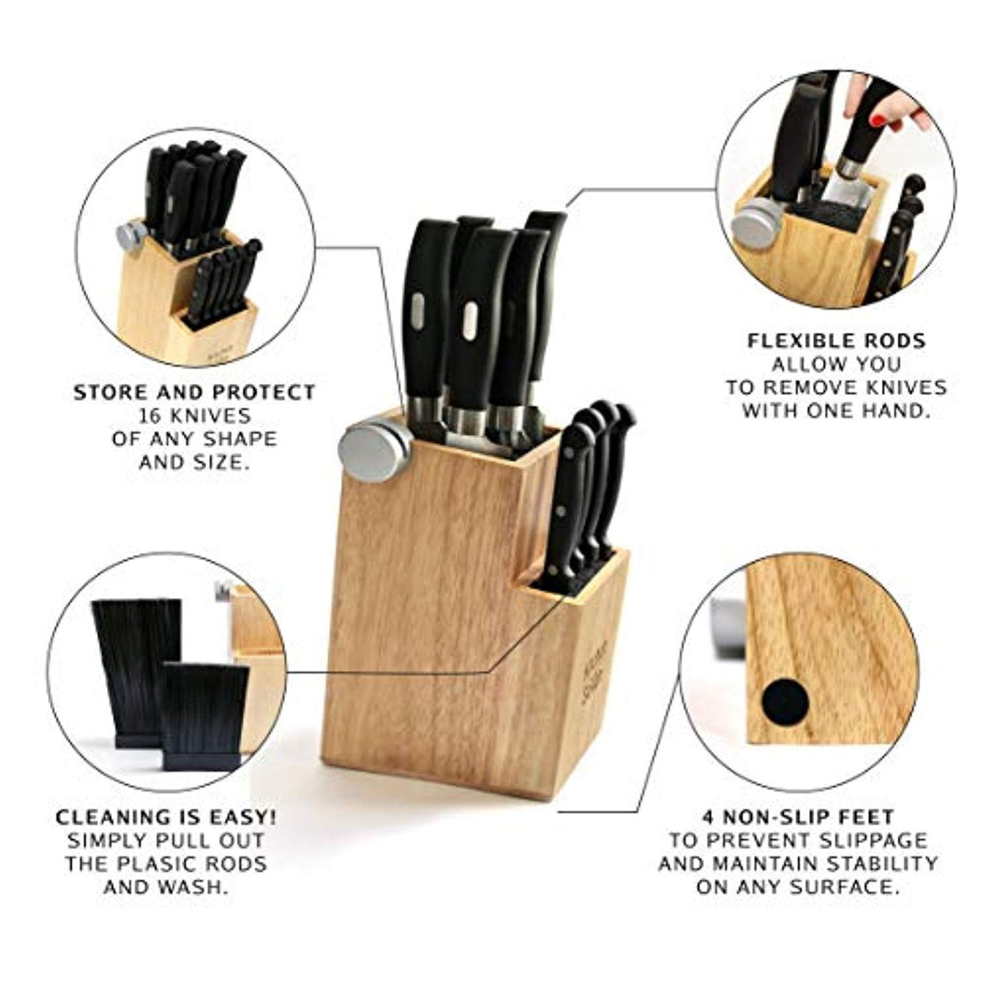 Bamboo Universal Knife Block with 2 Built-In Sharpeners – Holds Up to 16 Knives-Toppalletfly