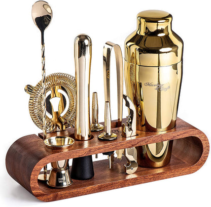 Bartender Kit: 10-Piece Bar Set Cocktail Shaker Set with Stylish Wooden Stand-Toppalletfly