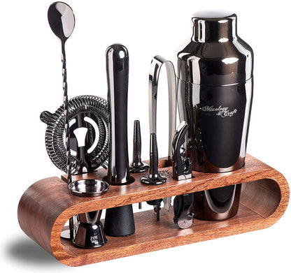 Bartender Kit: 10-Piece Bar Set Cocktail Shaker Set with Stylish Wooden Stand-Toppalletfly