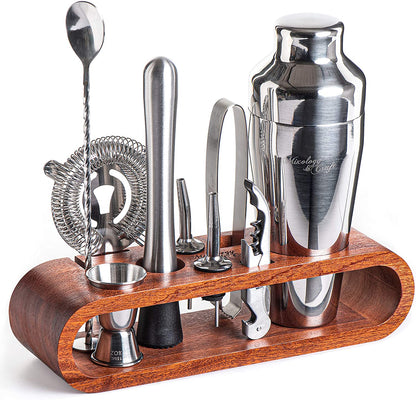 Bartender Kit: 10-Piece Bar Set Cocktail Shaker Set with Stylish Wooden Stand-Toppalletfly