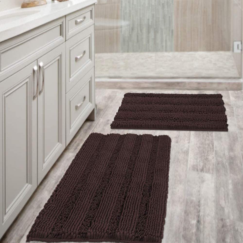 Bathroom Rugs, Super Absorbent Chenille Striped Non Skid Machine Wash Dry Rugs, Set of 2, 47 x 17 Plus 17 x 24 Inches-Toppalletfly
