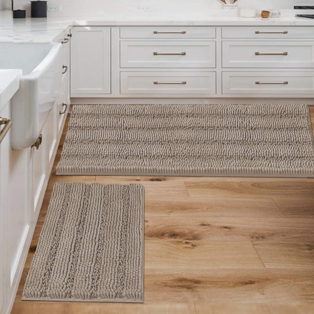 Bathroom Rugs, Super Absorbent Chenille Striped Non Skid Machine Wash Dry Rugs, Set of 2, 47 x 17 Plus 17 x 24 Inches-Toppalletfly