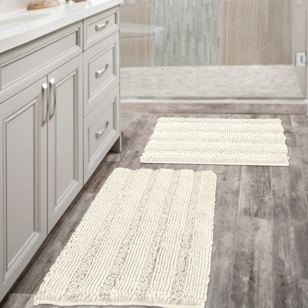 Bathroom Rugs, Super Absorbent Chenille Striped Non Skid Machine Wash Dry Rugs, Set of 2, 47 x 17 Plus 17 x 24 Inches-Toppalletfly