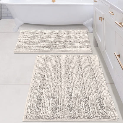 Bathroom Rugs, Super Absorbent Chenille Striped Non Skid Machine Wash Dry Rugs, Set of 2, 47 x 17 Plus 17 x 24 Inches-Toppalletfly
