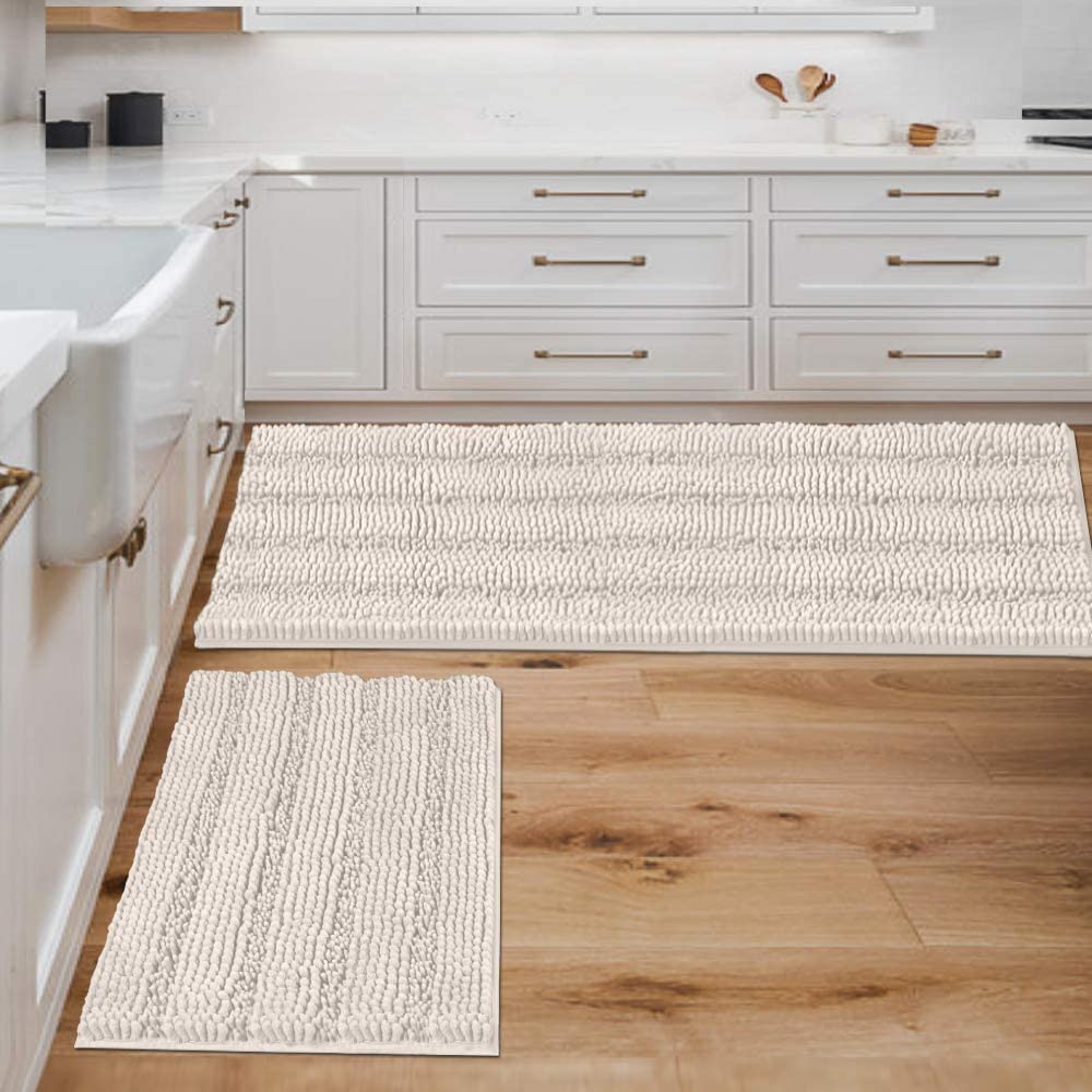 Bathroom Rugs, Super Absorbent Chenille Striped Non Skid Machine Wash Dry Rugs, Set of 2, 47 x 17 Plus 17 x 24 Inches-Toppalletfly