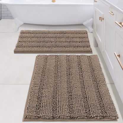 Bathroom Rugs, Super Absorbent Chenille Striped Non Skid Machine Wash Dry Rugs, Set of 2, 47 x 17 Plus 17 x 24 Inches-Toppalletfly