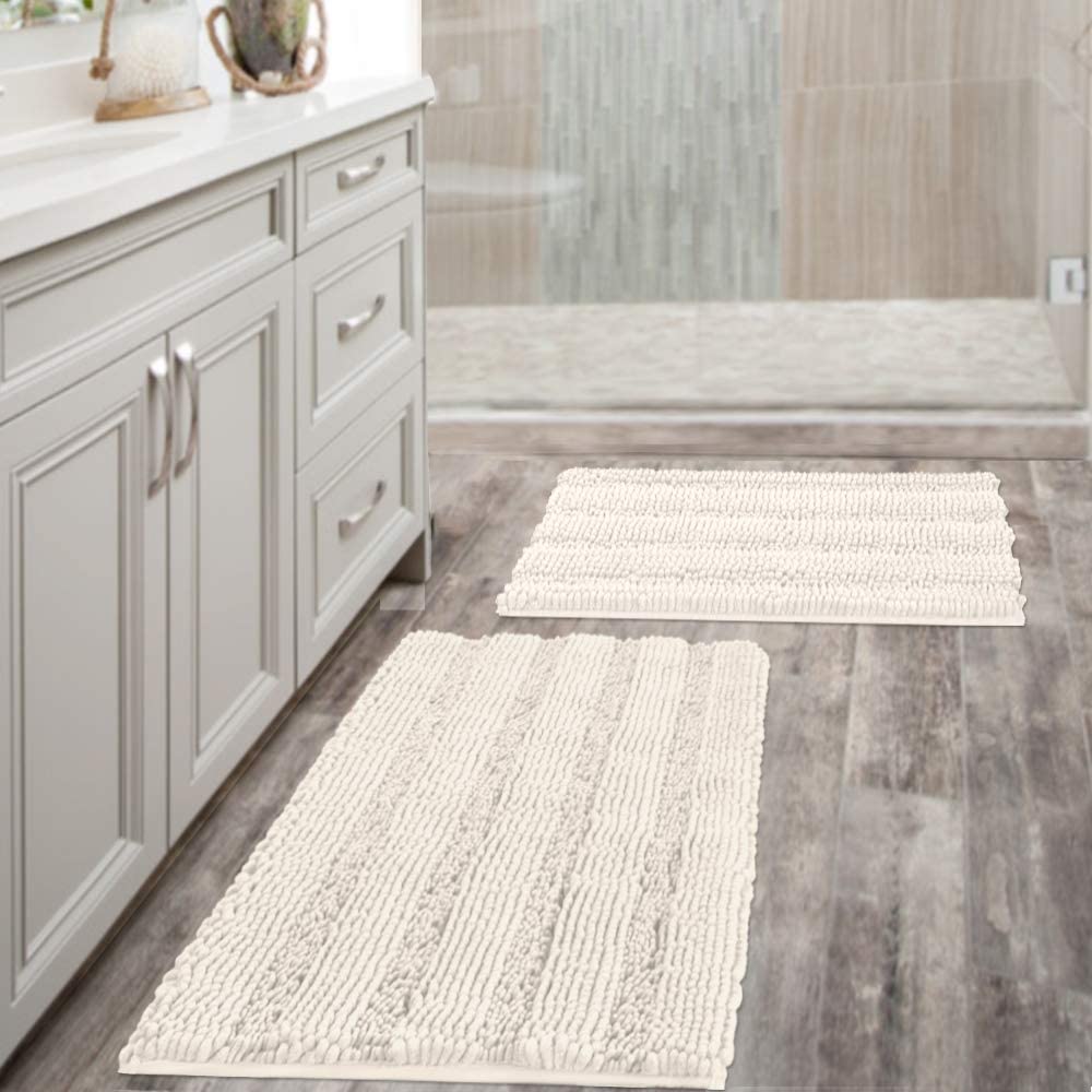 Bathroom Rugs, Super Absorbent Chenille Striped Non Skid Machine Wash Dry Rugs, Set of 2, 47 x 17 Plus 17 x 24 Inches-Toppalletfly