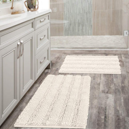 Bathroom Rugs, Super Absorbent Chenille Striped Non Skid Machine Wash Dry Rugs, Set of 2, 47 x 17 Plus 17 x 24 Inches-Toppalletfly