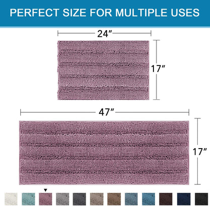 Bathroom Rugs, Super Absorbent Chenille Striped Non Skid Machine Wash Dry Rugs, Set of 2, 47 x 17 Plus 17 x 24 Inches-Toppalletfly