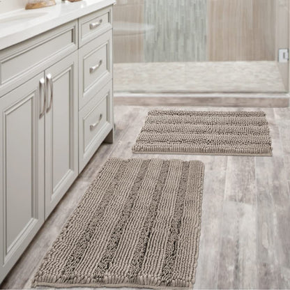 Bathroom Rugs, Super Absorbent Chenille Striped Non Skid Machine Wash Dry Rugs, Set of 2, 47 x 17 Plus 17 x 24 Inches-Toppalletfly