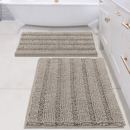 Bathroom Rugs, Super Absorbent Chenille Striped Non Skid Machine Wash Dry Rugs, Set of 2, 47 x 17 Plus 17 x 24 Inches-Toppalletfly