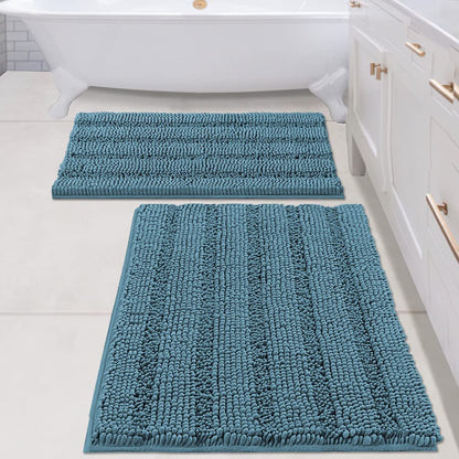 Bathroom Rugs, Super Absorbent Chenille Striped Non Skid Machine Wash Dry Rugs, Set of 2, 47 x 17 Plus 17 x 24 Inches-Toppalletfly