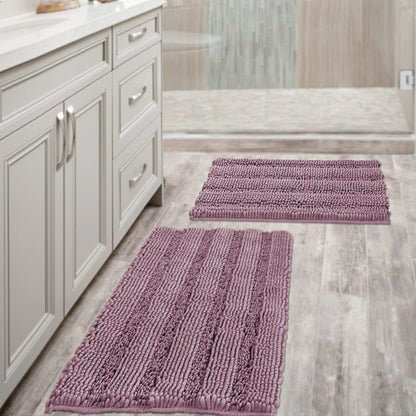 Bathroom Rugs, Super Absorbent Chenille Striped Non Skid Machine Wash Dry Rugs, Set of 2, 47 x 17 Plus 17 x 24 Inches-Toppalletfly