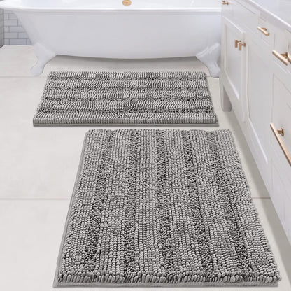 Bathroom Rugs, Super Absorbent Chenille Striped Non Skid Machine Wash Dry Rugs, Set of 2, 47 x 17 Plus 17 x 24 Inches-Toppalletfly