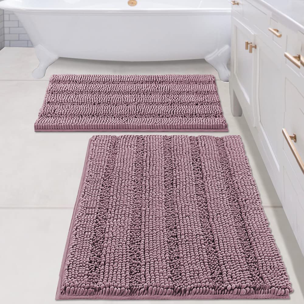 Bathroom Rugs, Super Absorbent Chenille Striped Non Skid Machine Wash Dry Rugs, Set of 2, 47 x 17 Plus 17 x 24 Inches-Toppalletfly