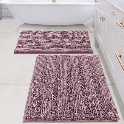 Bathroom Rugs, Super Absorbent Chenille Striped Non Skid Machine Wash Dry Rugs, Set of 2, 47 x 17 Plus 17 x 24 Inches-Toppalletfly