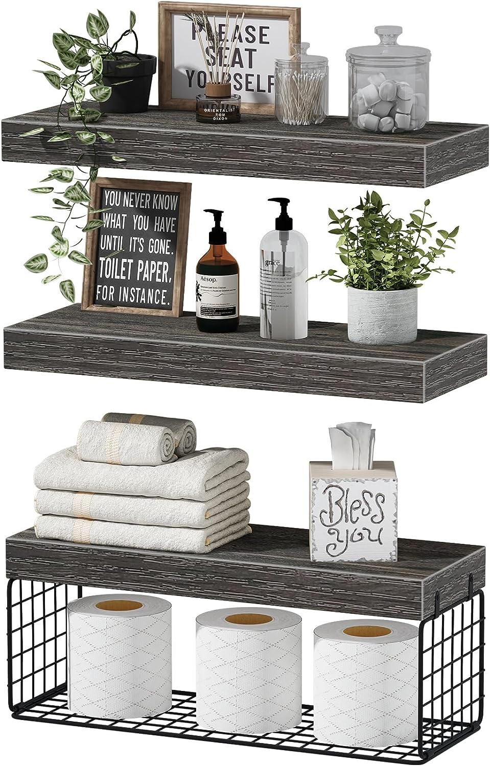 Bathroom Shelves Over Toilet Wall Mounted Floating Shelves Farmhouse Shelf Toilet Paper Holder Small 16-inch Set-Toppalletfly