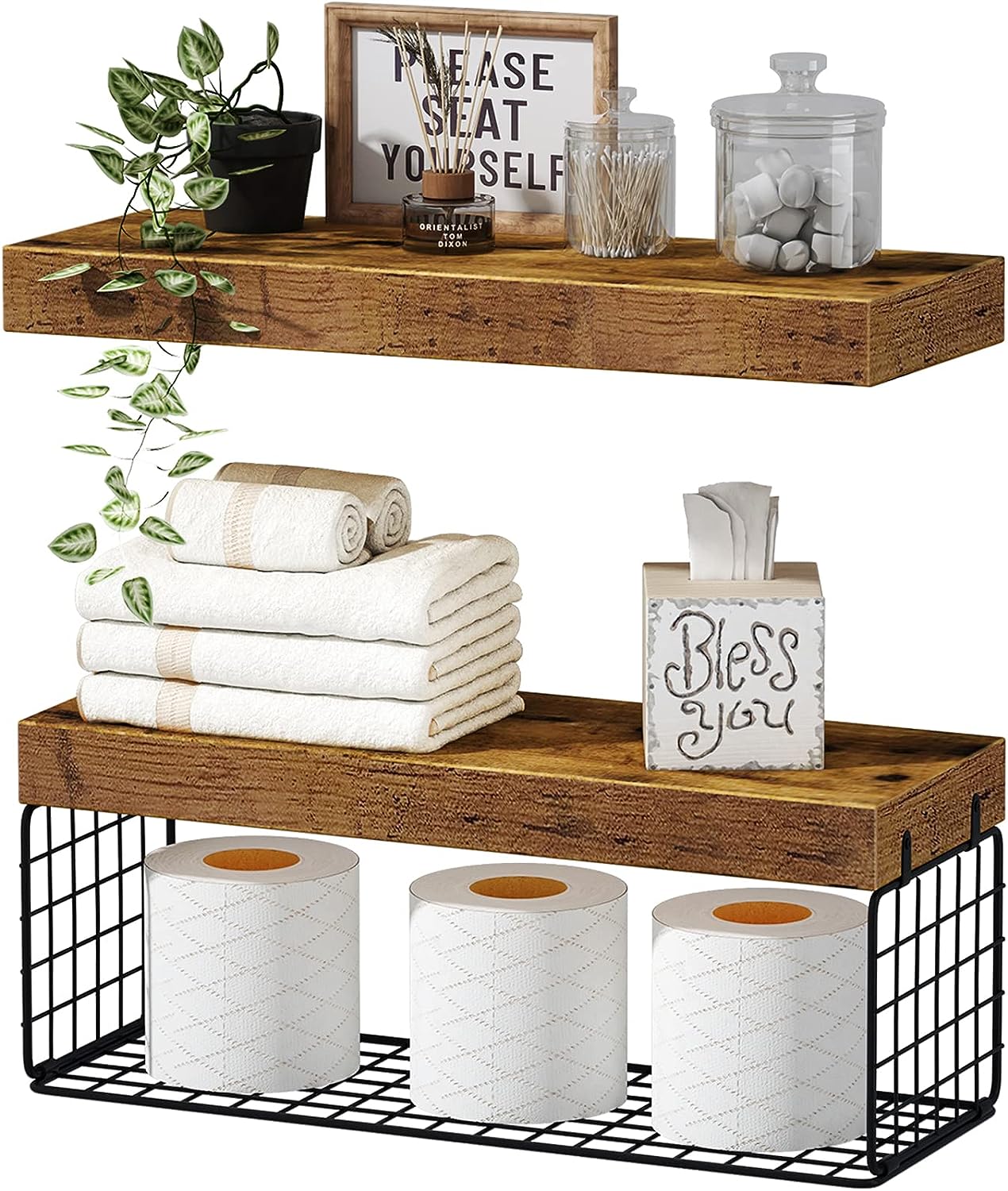 Bathroom Shelves Over Toilet Wall Mounted Floating Shelves Farmhouse Shelf Toilet Paper Holder Small 16-inch Set-Toppalletfly