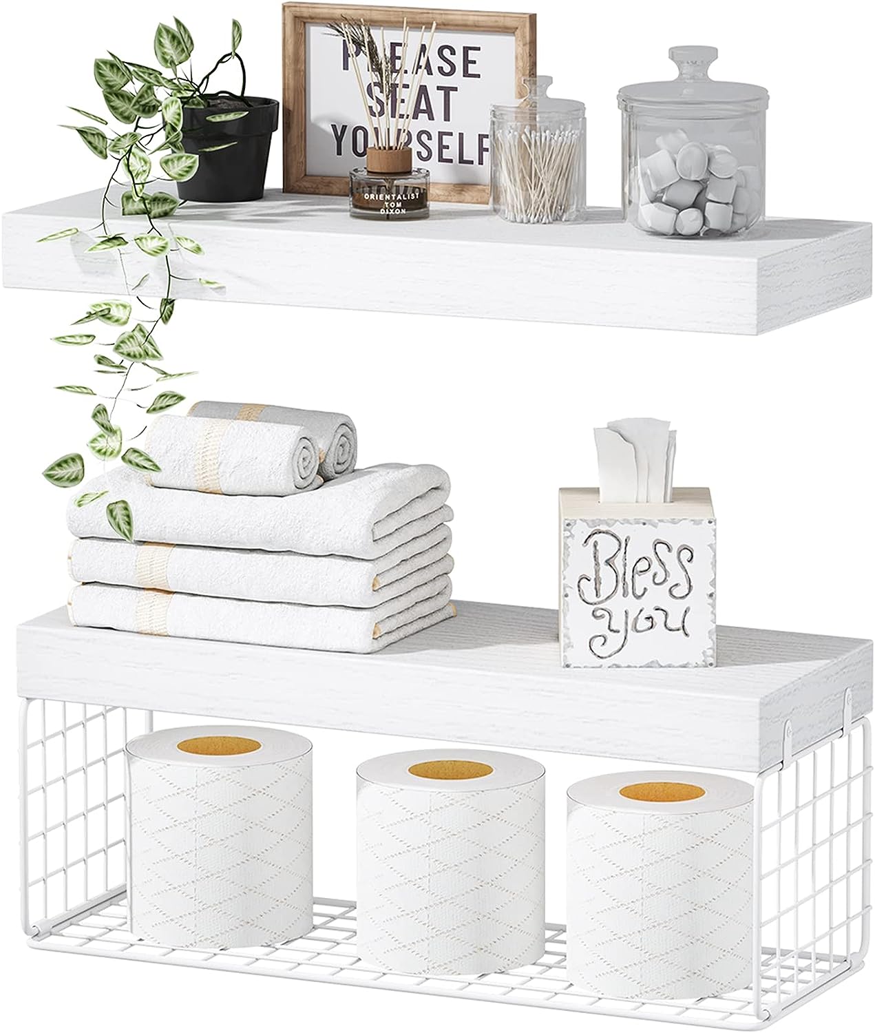 Bathroom Shelves Over Toilet Wall Mounted Floating Shelves Farmhouse Shelf Toilet Paper Holder Small 16-inch Set-Toppalletfly