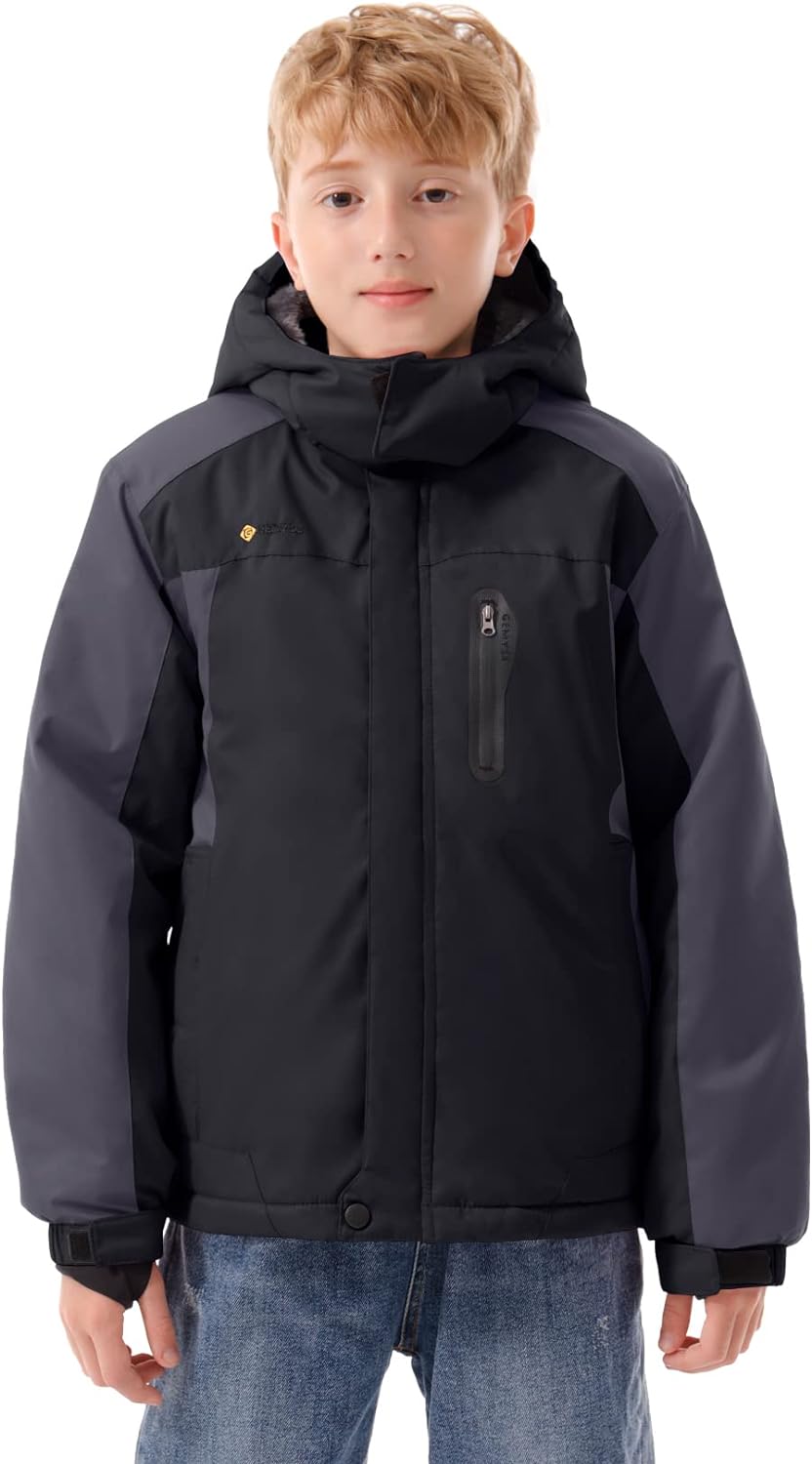 Boy's Winter Jacket, Waterproof Windproof Ski Snow Hooded Fleece Lined Jackets-Toppalletfly