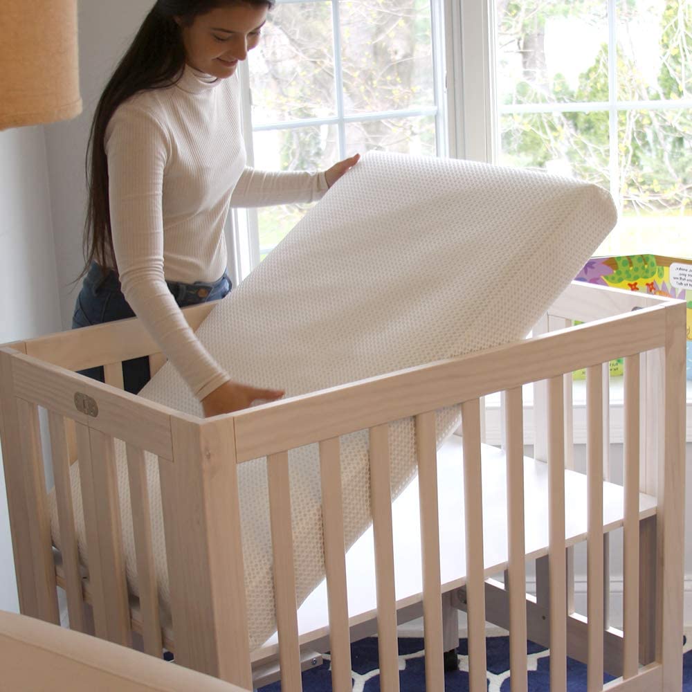 Breathable Crib Mattress 2 Stage - Safe Chemical Free Dual Firmness Natural Mattress with Removable Washable Protector 51"L x 5"W x 4"Th - Toppalletfly