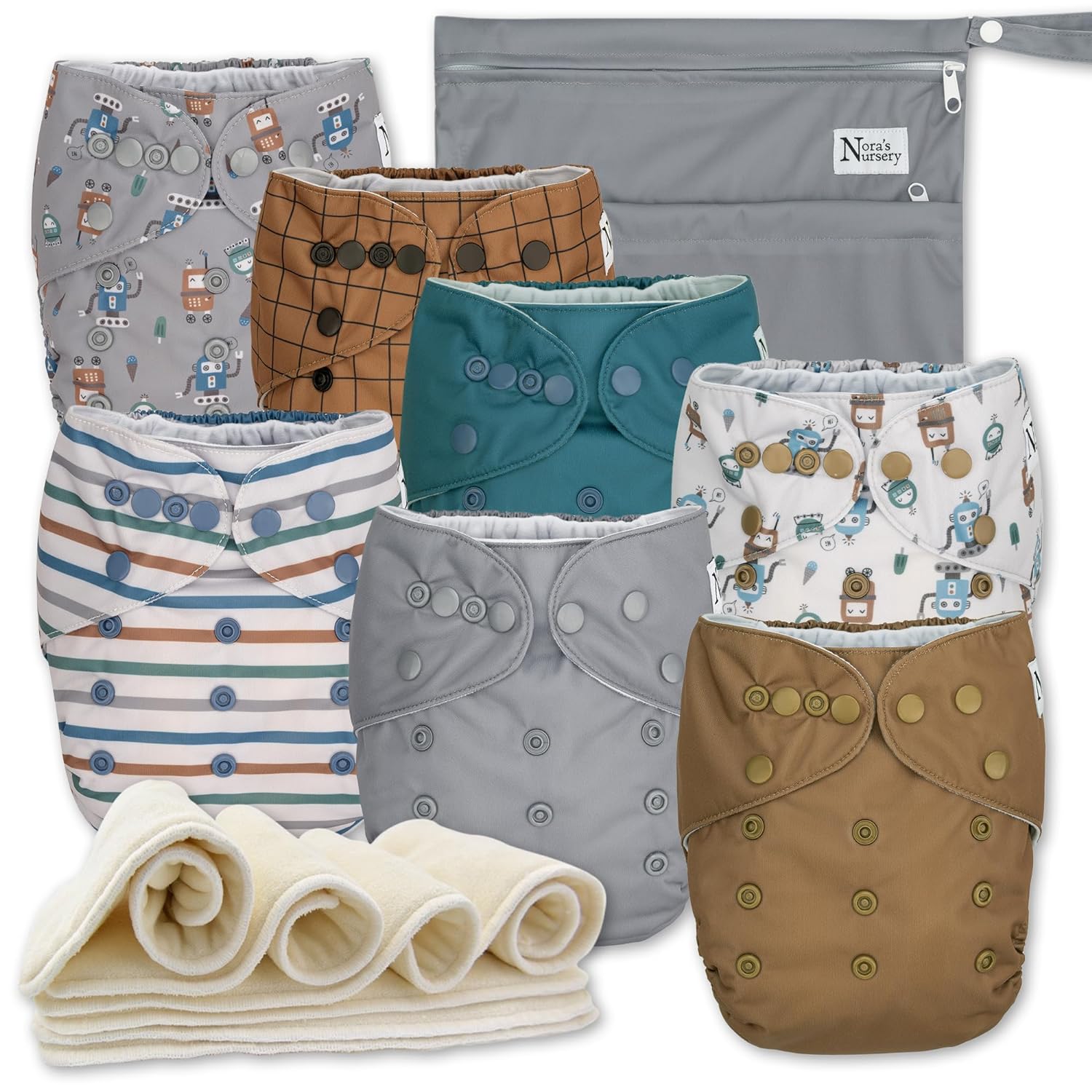Cloth Diapers 7 Pack with 7 Inserts & 1 Wet Bag, Waterproof Cover, Washable, Reusable & One Size Adjustable Pocket Diapers for Newborns and Toddlers-Toppalletfly