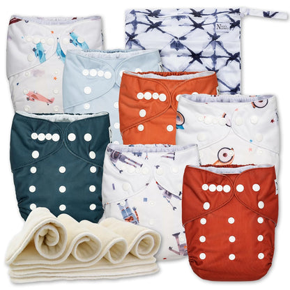 Cloth Diapers 7 Pack with 7 Inserts & 1 Wet Bag, Waterproof Cover, Washable, Reusable & One Size Adjustable Pocket Diapers for Newborns and Toddlers-Toppalletfly