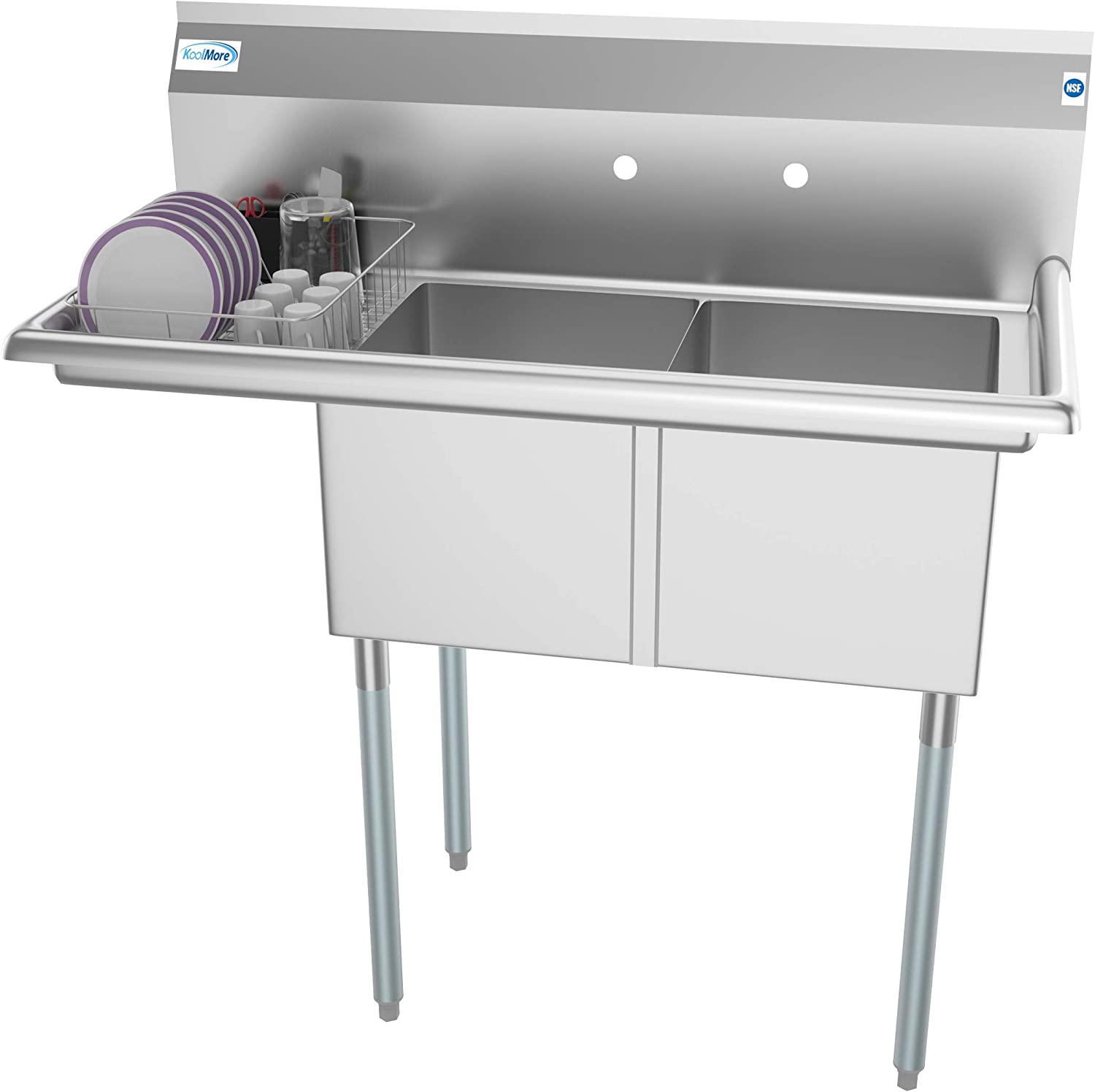 Commercial Kitchen Prep & Utility Sink with Drainboard, 2 Compartment Stainless Steel - Bowl Size 14" x 16" x 11"-Toppalletfly
