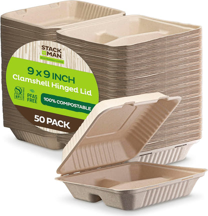 Compostable to Go Containers 3-Compartment Clamshell Take Out Food Container with Hinged Lid, Eco-Friendly, Made of Sugar Cane Bagasse-Toppalletfly