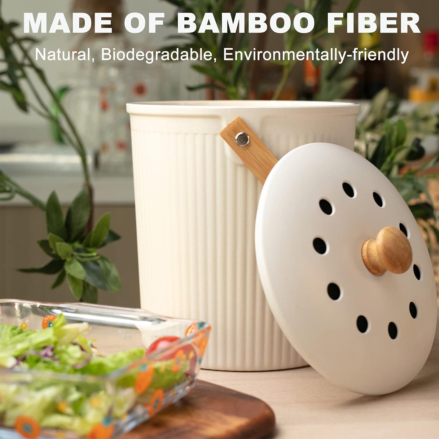 Countertop Compost Bin with Lid, Made of Sustainable Bamboo Fiber, Odorless, 1 Gallon-Toppalletfly