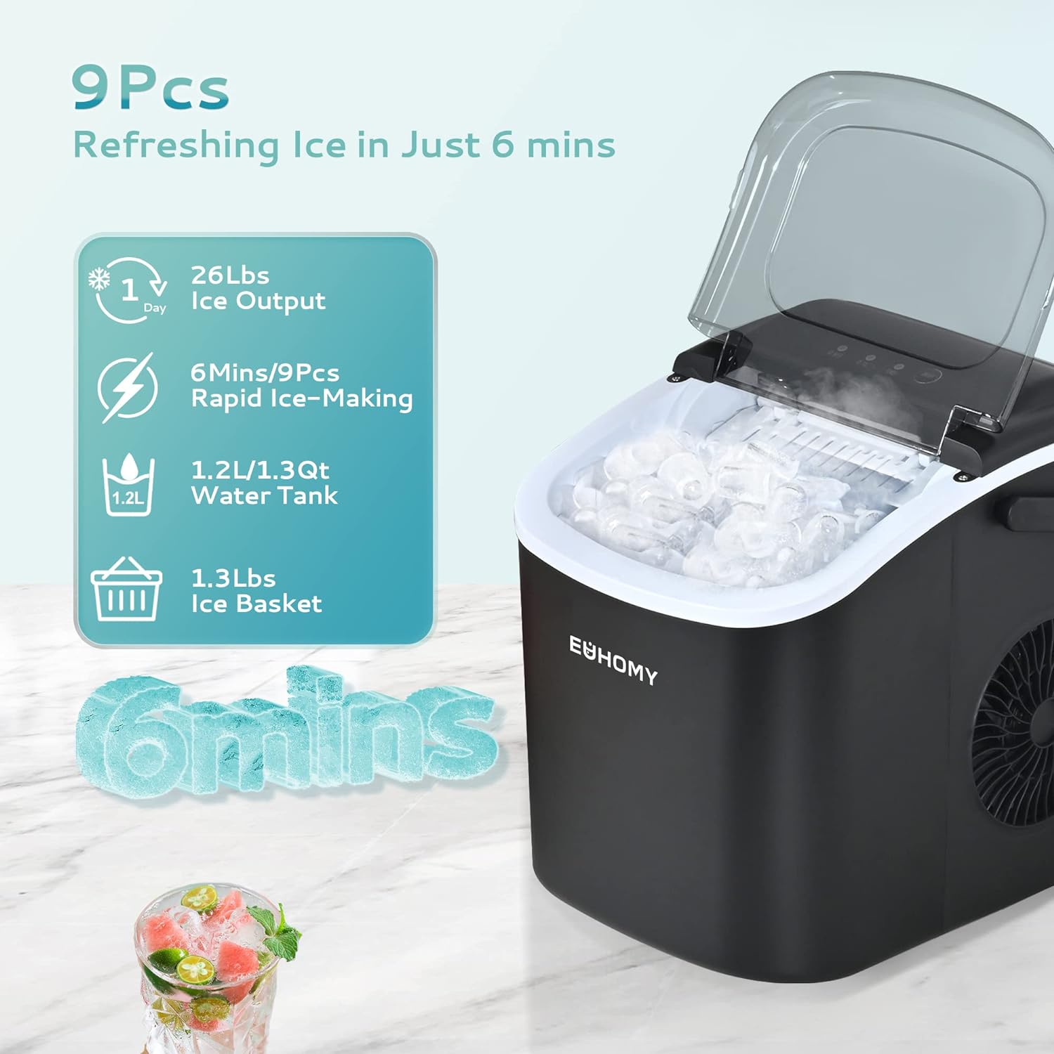 Countertop Ice Maker – 26 lbs/24hrs, 9 Cubes in 6 Mins, Auto-Cleaning, Portable with Basket & Scoop-Toppalletfly