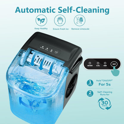 Countertop Ice Maker – 26 lbs/24hrs, 9 Cubes in 6 Mins, Auto-Cleaning, Portable with Basket & Scoop-Toppalletfly