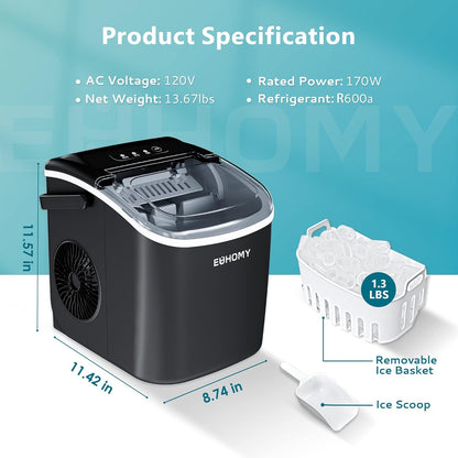 Countertop Ice Maker – 26 lbs/24hrs, 9 Cubes in 6 Mins, Auto-Cleaning, Portable with Basket & Scoop-Toppalletfly