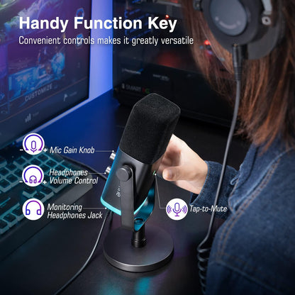 Dynamic Microphone for Podcast Recording, PC Computer Gaming Streaming Mic with RGB Light, Mute Button, Headphones Jack, Desktop Stand-Toppalletfly