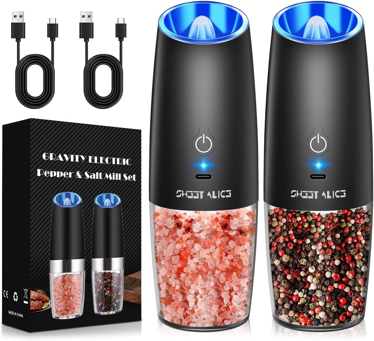 Electric Salt & Pepper Grinder Set, Adjustable Coarseness, LED, One-Hand Use, Stainless Steel 2-Pack-Toppalletfly