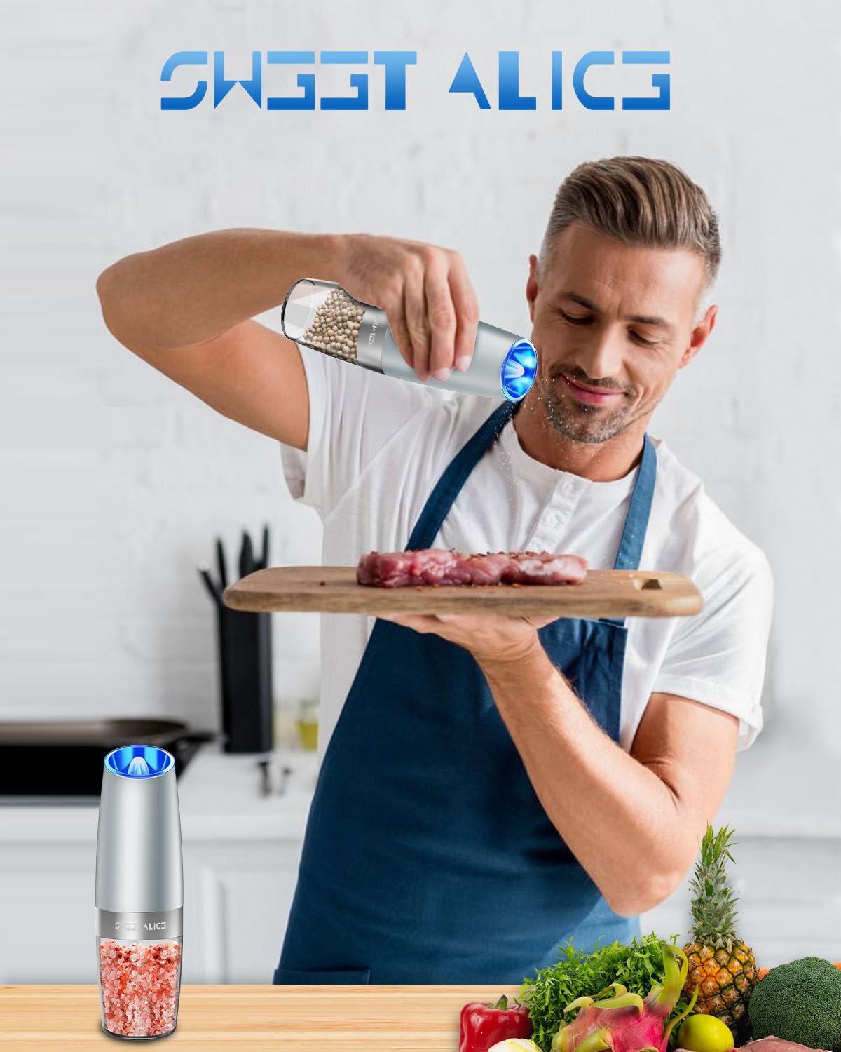 Electric Salt & Pepper Grinder Set, Adjustable Coarseness, LED, One-Hand Use, Stainless Steel 2-Pack-Toppalletfly