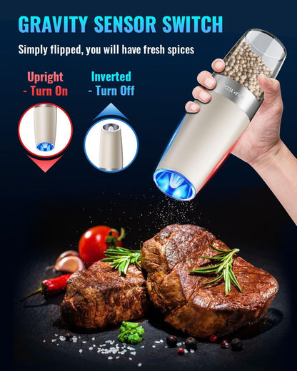Electric Salt & Pepper Grinder Set, Adjustable Coarseness, LED, One-Hand Use, Stainless Steel 2-Pack-Toppalletfly