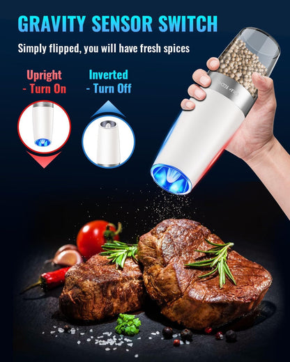 Electric Salt & Pepper Grinder Set, Adjustable Coarseness, LED, One-Hand Use, Stainless Steel 2-Pack-Toppalletfly