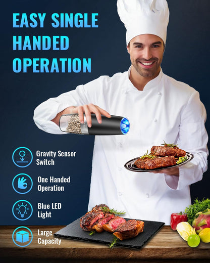 Electric Salt & Pepper Grinder Set, Adjustable Coarseness, LED, One-Hand Use, Stainless Steel 2-Pack-Toppalletfly