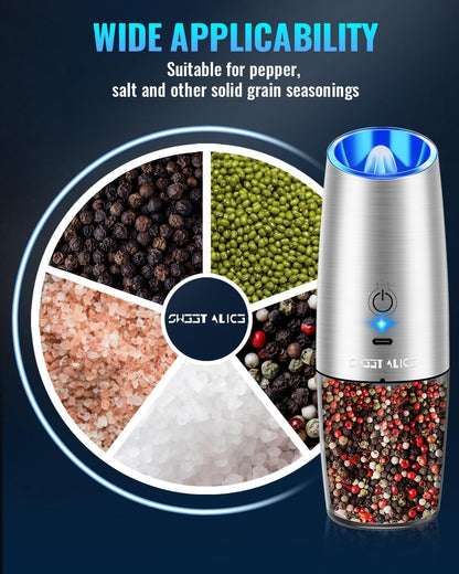 Electric Salt & Pepper Grinder Set, Adjustable Coarseness, LED, One-Hand Use, Stainless Steel 2-Pack-Toppalletfly