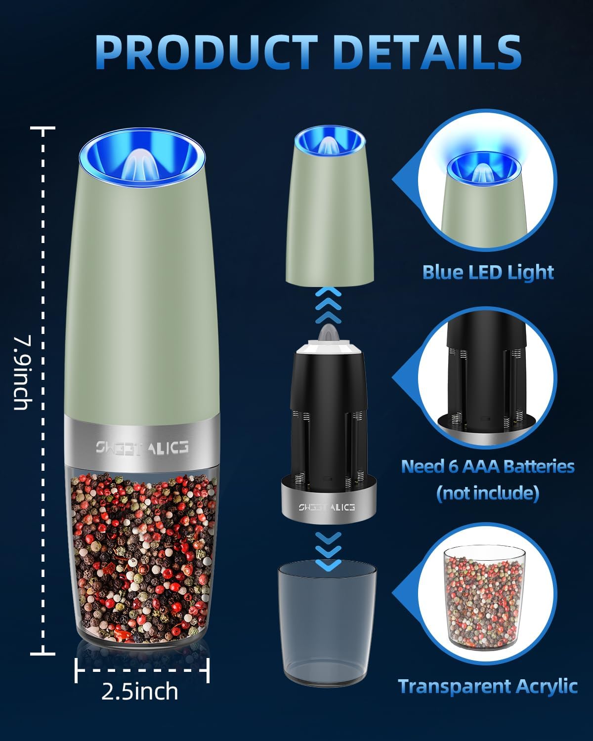 Electric Salt & Pepper Grinder Set, Adjustable Coarseness, LED, One-Hand Use, Stainless Steel 2-Pack-Toppalletfly