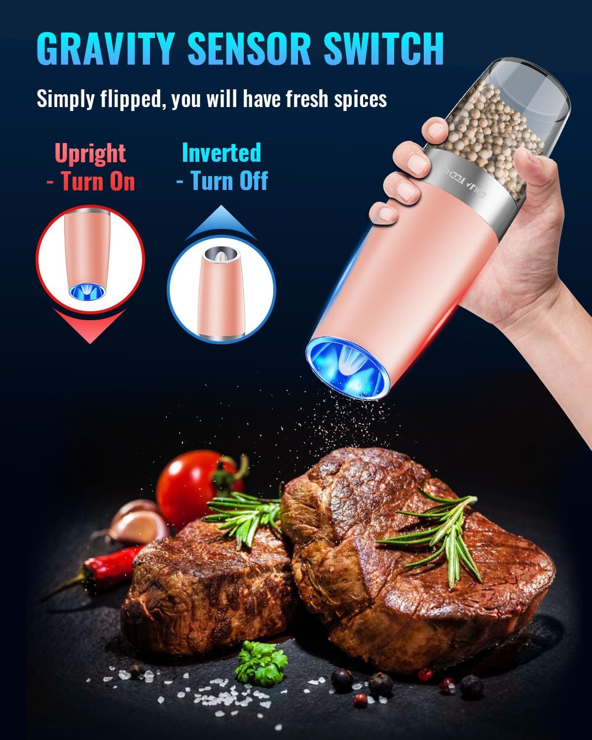 Electric Salt & Pepper Grinder Set, Adjustable Coarseness, LED, One-Hand Use, Stainless Steel 2-Pack-Toppalletfly